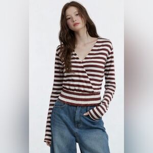 NWT Streetwear Society Surpliced Smock Waist Long Sleeve Striped Top Boho Large
